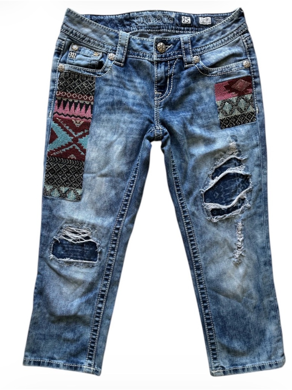 Miss Me Blue Distressed Cuffed Capri‎  Jeans Women’s Sz 25 Multicolor Patchwork